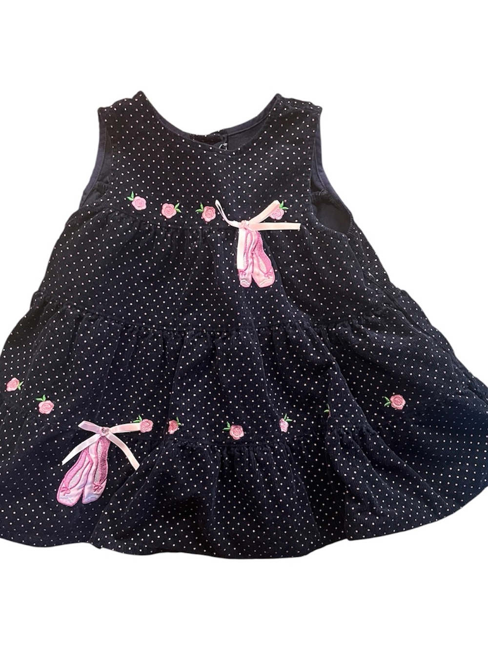 Girls Rare Editions Navy Dress with Pink Polka Dots and Ballet Slippers